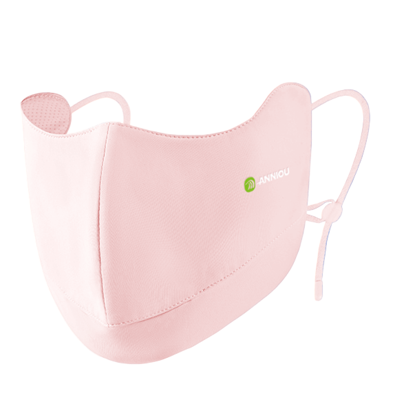 Pink face mask with ANNIOU branding on a blue background