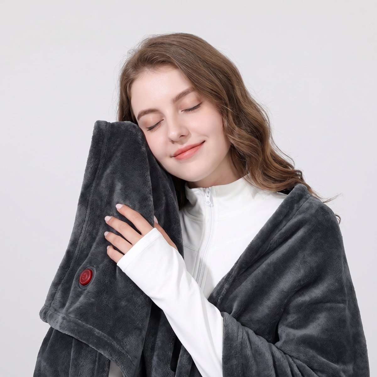 woman touching cozy flannel fabric, #dark grey portable electric heating shawl with control button, warm heating cape for home use