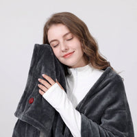 woman touching cozy flannel fabric, #dark grey portable electric heating shawl with control button, warm heating cape for home use