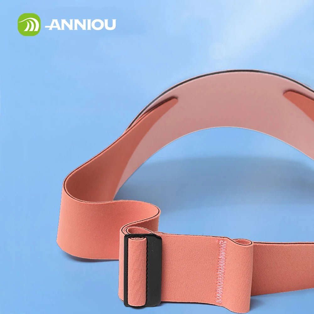 Pink resistance band with black buckle on a blue background, featuring the brand 'ANNIOU'.