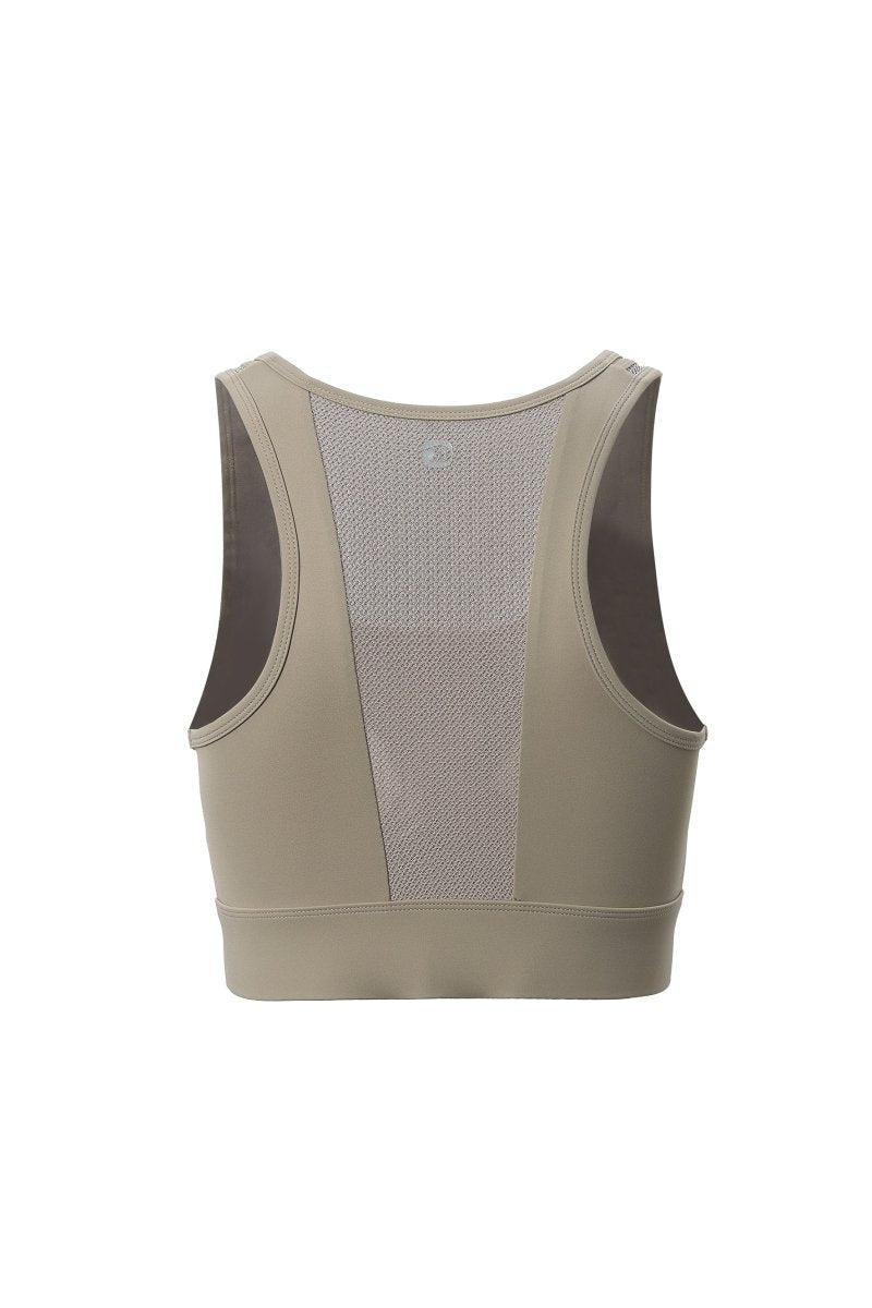 Beige sports bra with mesh back on a white background