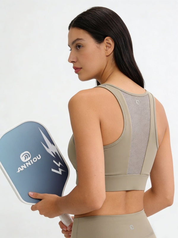 Pickleball Front Zip Sports Bra racer back and mesh in Khaki