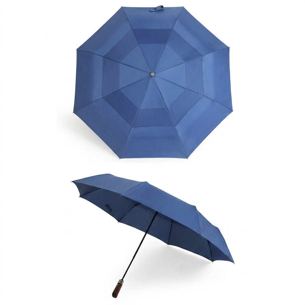 navy blue fully automatic double canopy wooden umbrella