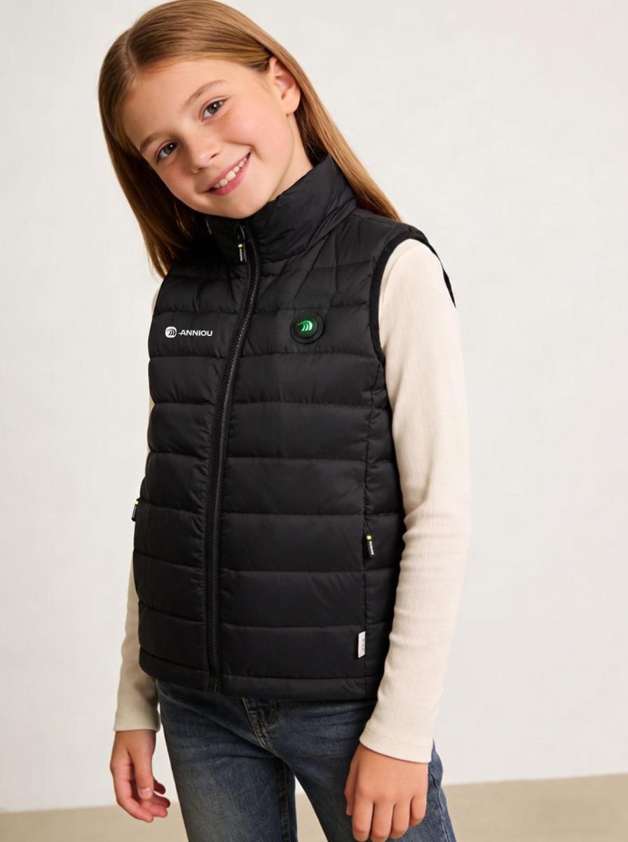 A young girl smiling while wearing a black puffer vest over a cream long-sleeve shirt and blue jeans. The vest features a white 'ANNIOU' brand logo on the right chest.