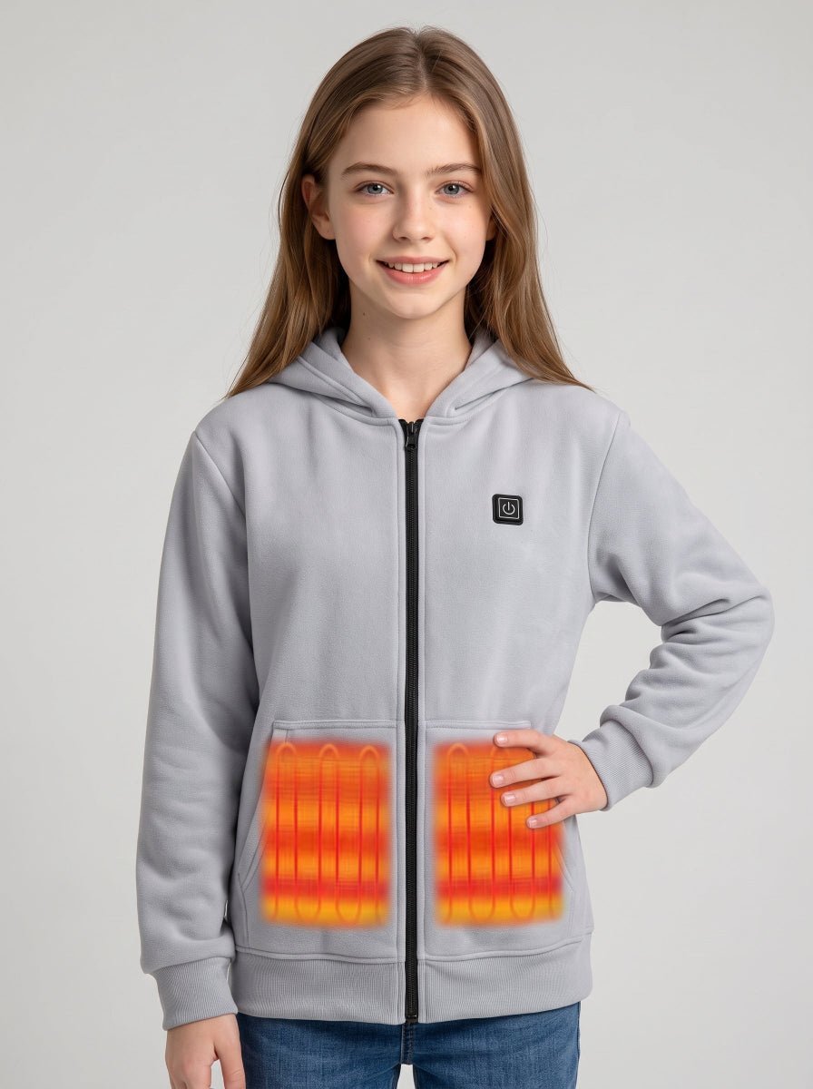 Girls Grey Heated Hoodie with 2 heat zones at the front