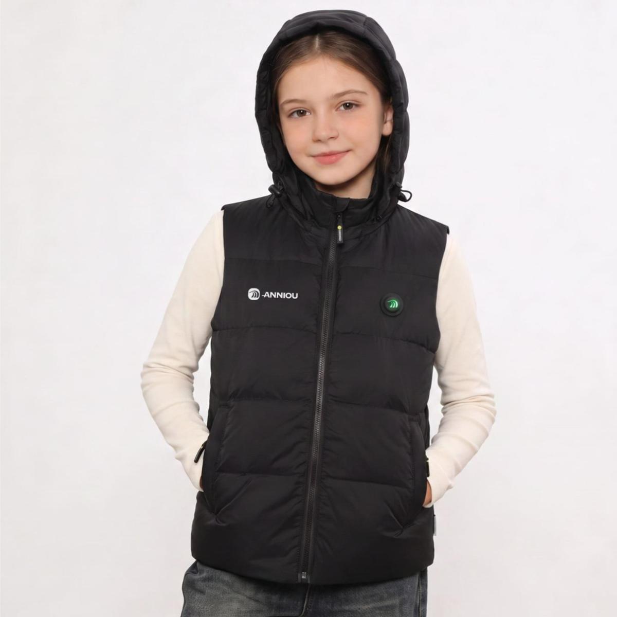 girls wear a #black heated puffer vest with a hood and a small white ANNIOU logo on the chest.