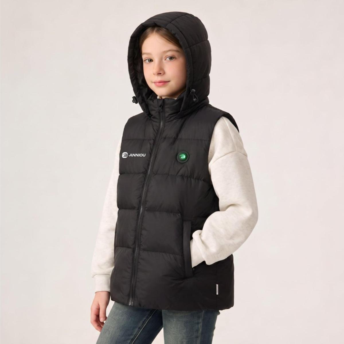 A girl wearing a black heated hooded puffer vest by Anniou