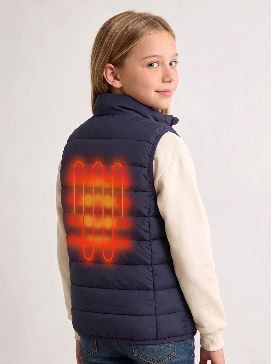 Girls Navy Heated Vest from the back showing a heat zone.