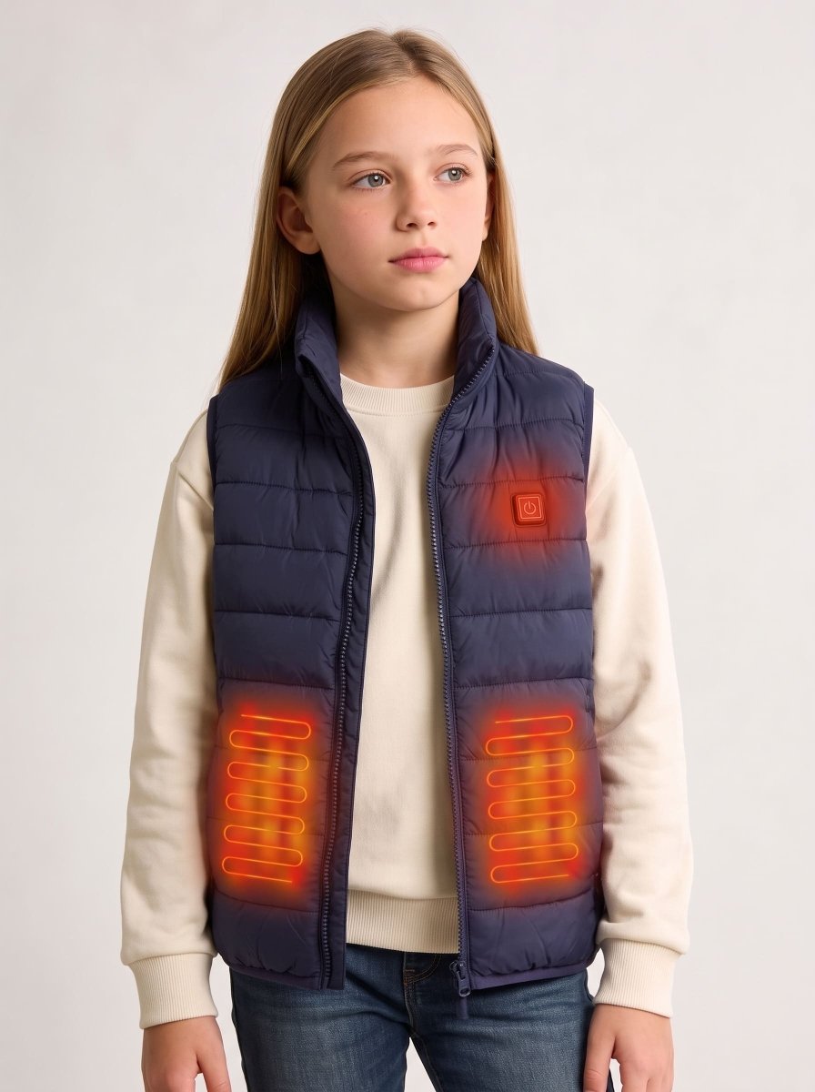 A young girl wearing a navy blue quilted heated puffer vest over a cream sweatshirt and jeans, with glowing orange heat-map graphics highlighting the heating zones.