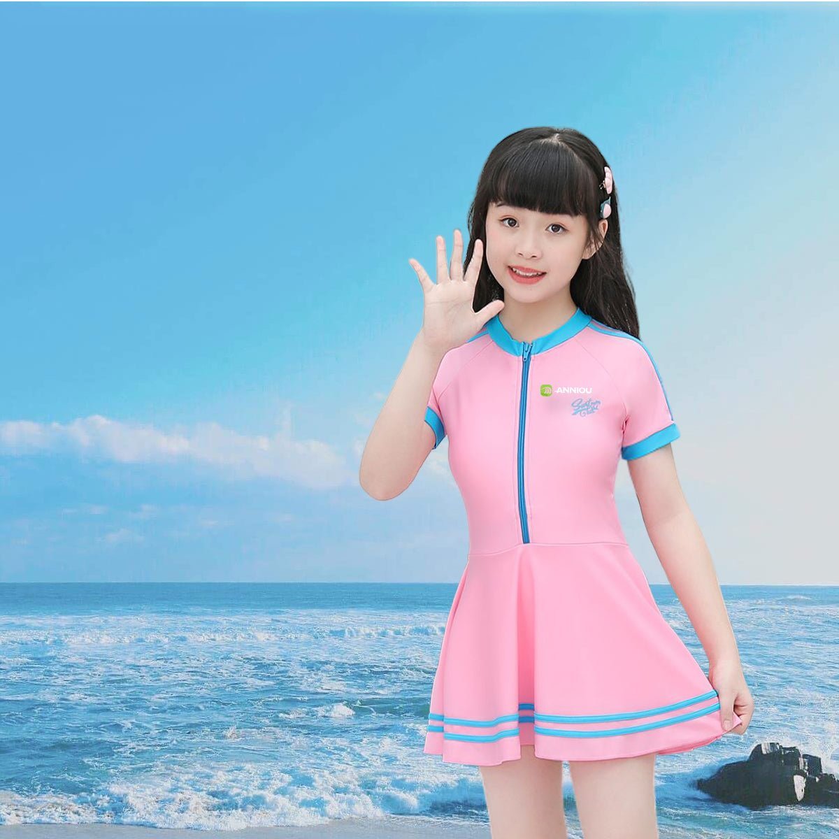 Girls Short Sleeved Zippered One - piece Swimsuit - Sun Protection Clothing