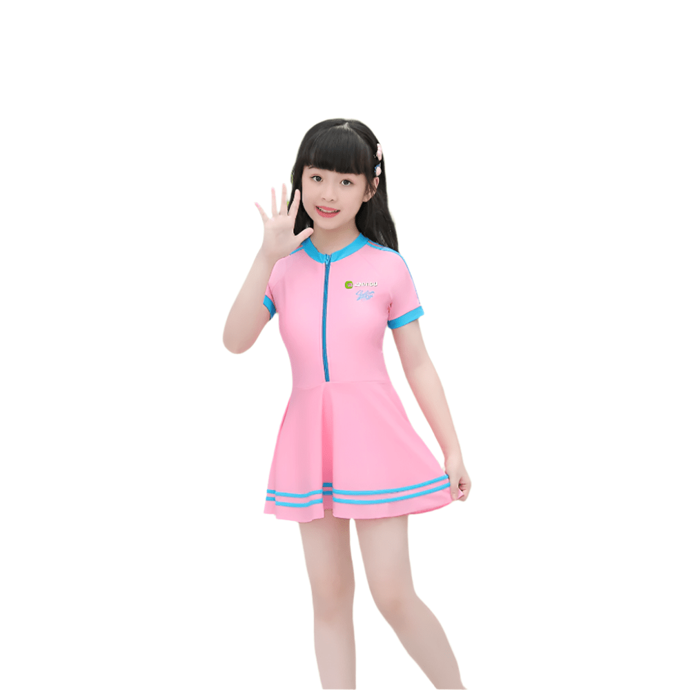Girls Short Sleeved Zippered One - piece Swimsuit - Sun Protection Clothing