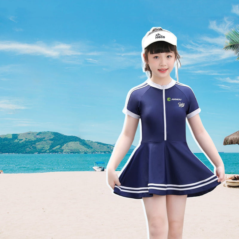 Girls Short Sleeved Zippered One - piece Swimsuit - Sun Protection Clothing