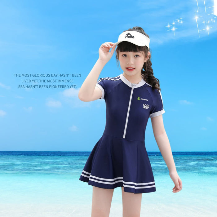 Girls Short Sleeved Zippered One - piece Swimsuit - Sun Protection Clothing