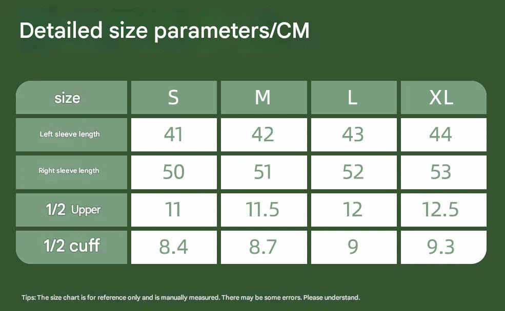 Size chart for clothing with measurements in centimeters on a green background white