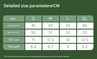 Size chart for clothing with measurements in centimeters on a green background white