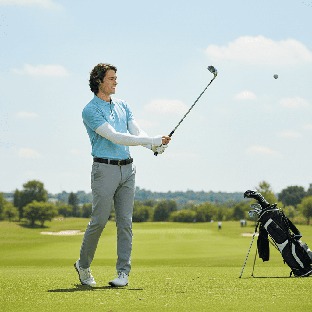 Man playing golf with white sun protection arm sleeves on a green course with clear skies