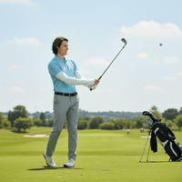 Man playing golf with white sun protection arm sleeves on a green course with clear skies