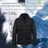 Black puffer jacket with white goose down lining on a snowy mountain background