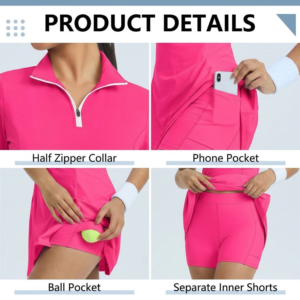 rose red half zip tennis dress with shorts and pockets