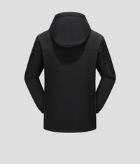 men's black Heated Hooded Softshell Jacket back hood and zip on arm