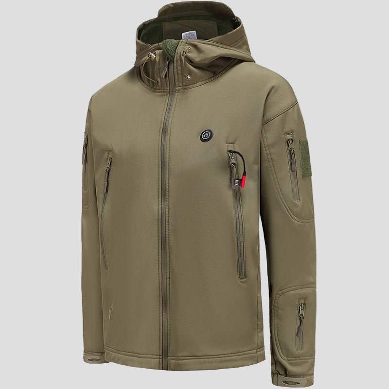 men's khaki Heated Parka Jacket with 7 heat zones, hood and zip pockets