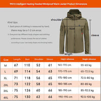 men's khaki Heated Parka Jacket with 7 heat zones size chart