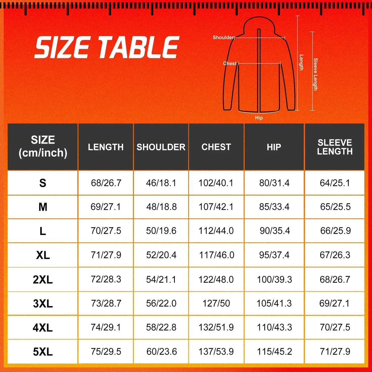 Size chart for a jacket with measurements on an orange background