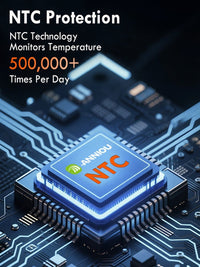 NTC technology chip on a circuit board with text about temperature monitoring heated clothing