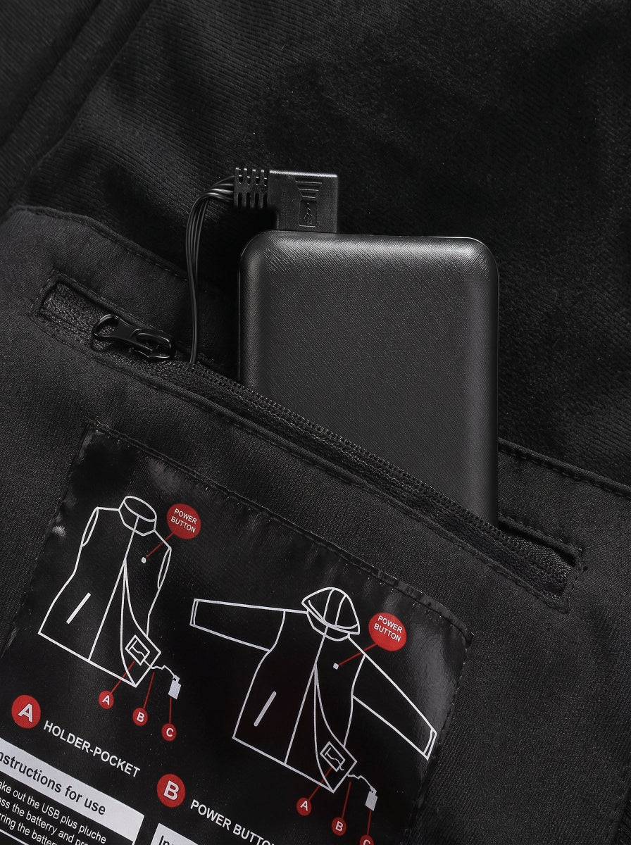 Inner zipper power bank pocket with built-in USB cable for heated jacket