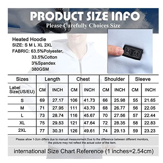 Heated Hoodie size chart