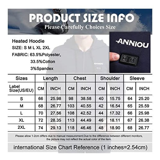 Mens Navy 5 Area Heated Zip Up Hoodie size Guide