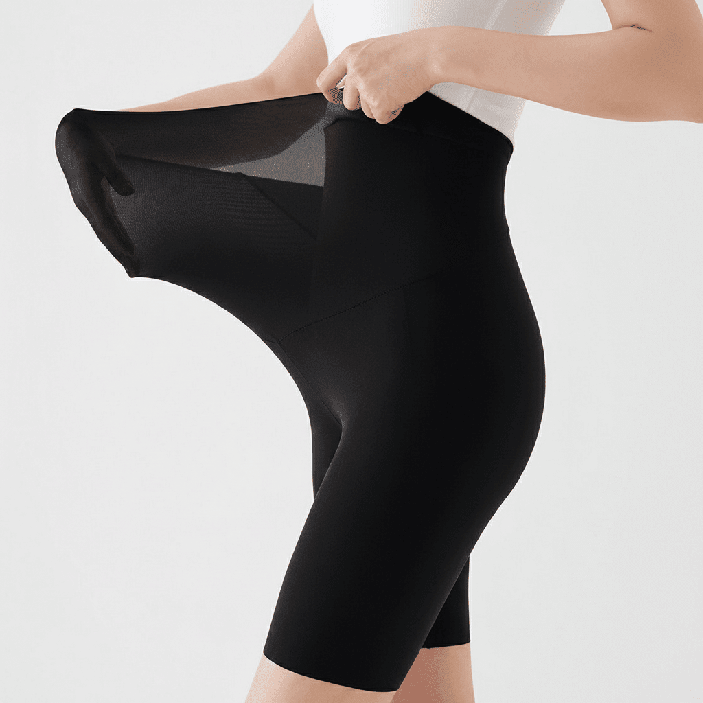 Black high-waisted yoga pants with four-way stretch