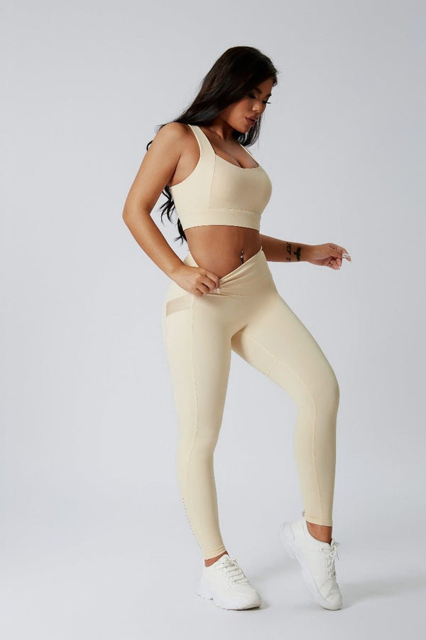 Beige High Waist Hip Lift Yoga Leggings and Sports Vest