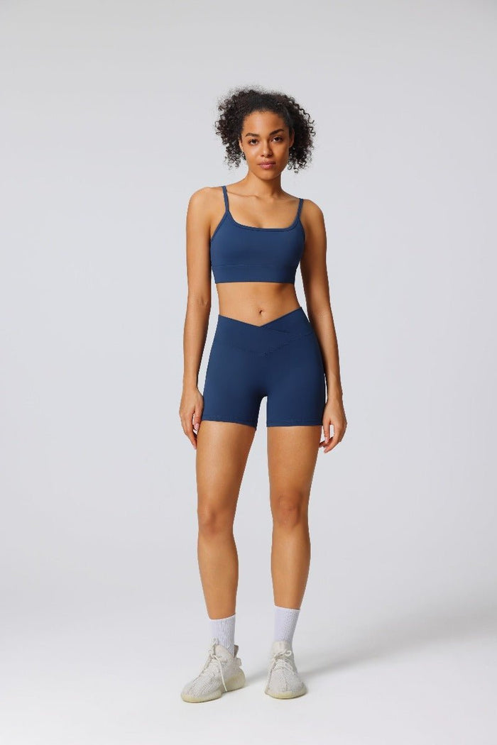 Blue high waist yoga shorts and sports bra with UPF 50+