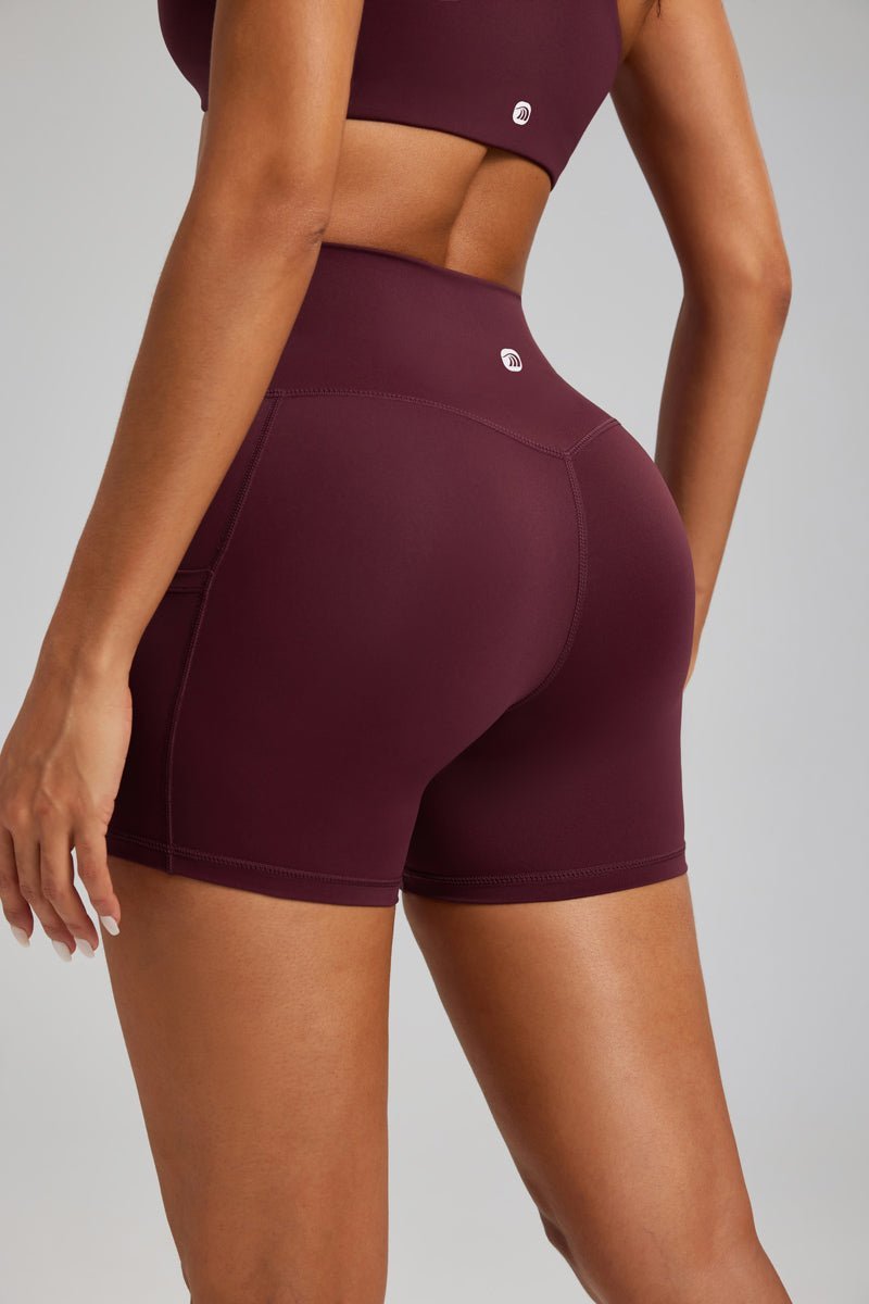 women's red high waist pocket yoga shorts booty lifting by Anniou