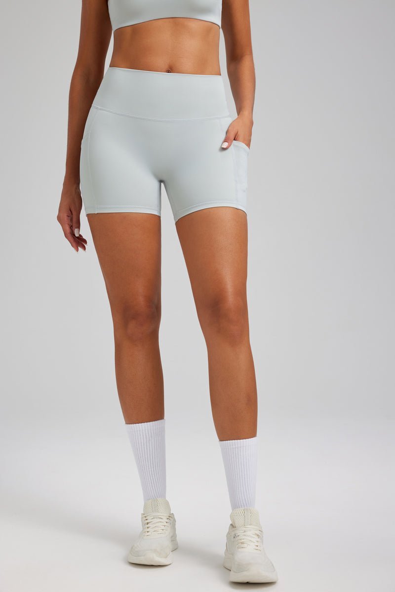 light gray high waist pocket yoga shorts