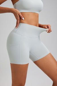 women's elastic light gray high waist pocket yoga shorts