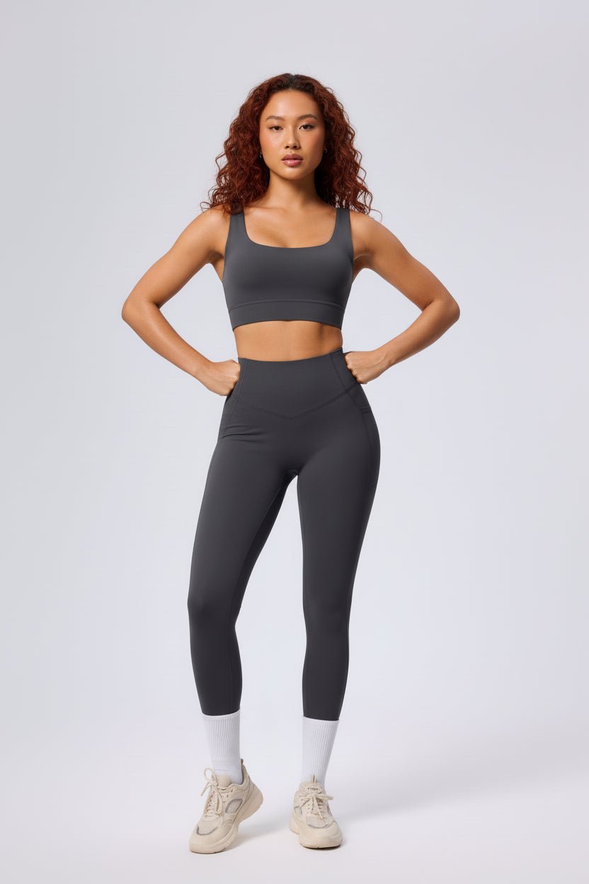 women's grey yoga sports bra and leggings
