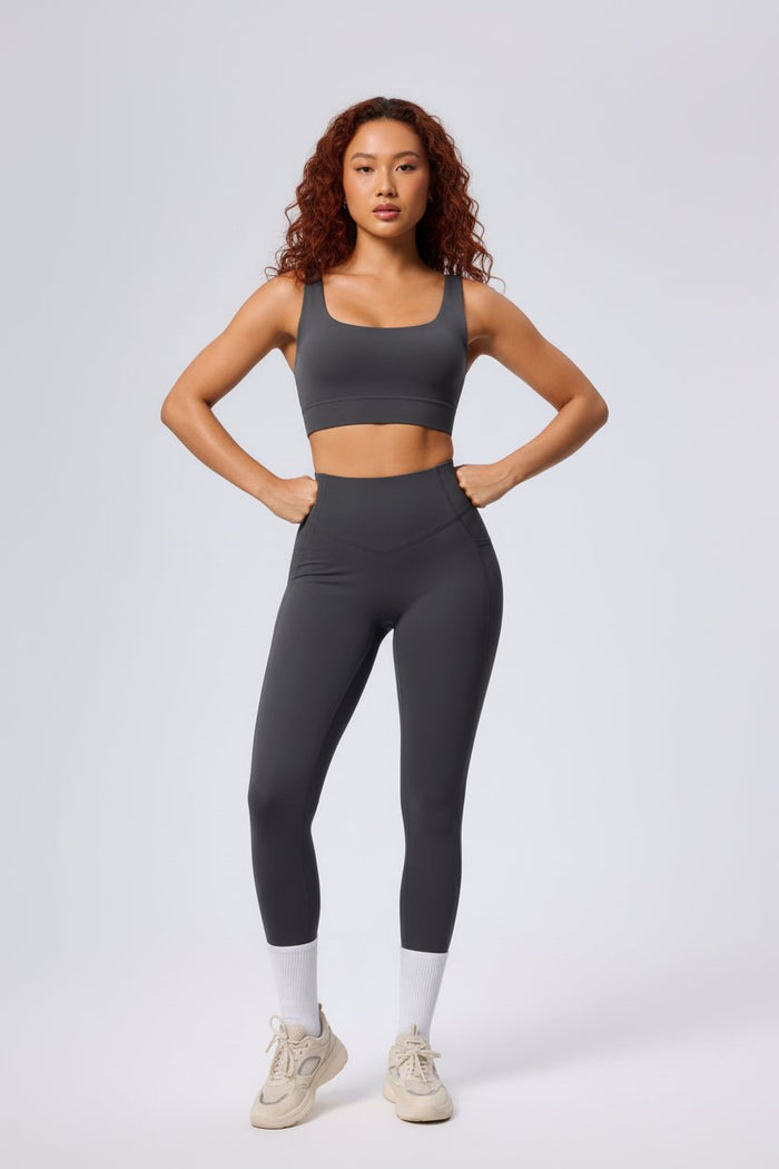 women's grey yoga sports bra and leggings