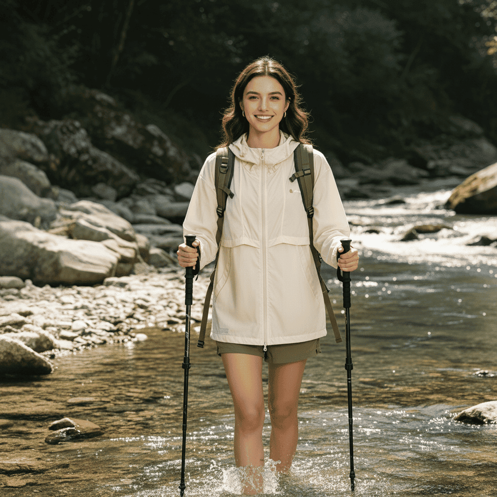 Woman hiking through a river with backpack and walking sticks wearing a Beige Hooded Full Zip Top UPF 100+