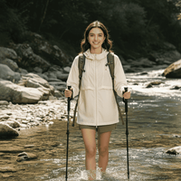 Woman hiking through a river with backpack and walking sticks wearing a Beige Hooded Full Zip Top UPF 100+
