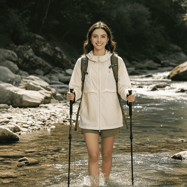 Woman hiking through a river with backpack and walking sticks wearing a Beige Hooded Full Zip Top UPF 100+