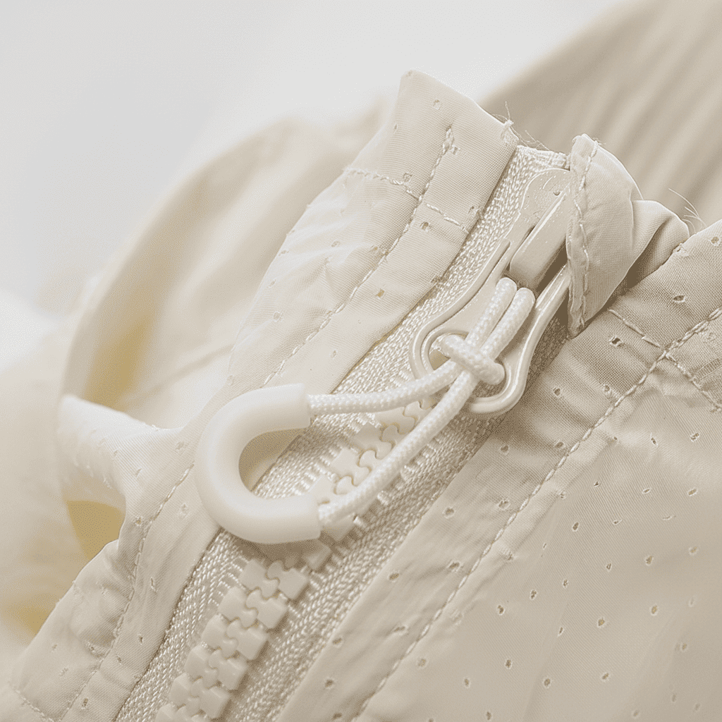 Close - up of a beige textured fabric with a zipper and white pull tab.
