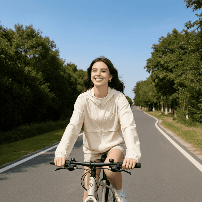 Woman riding a bicycle wearing a Beige Hooded Full Zip Top UPF 100+
