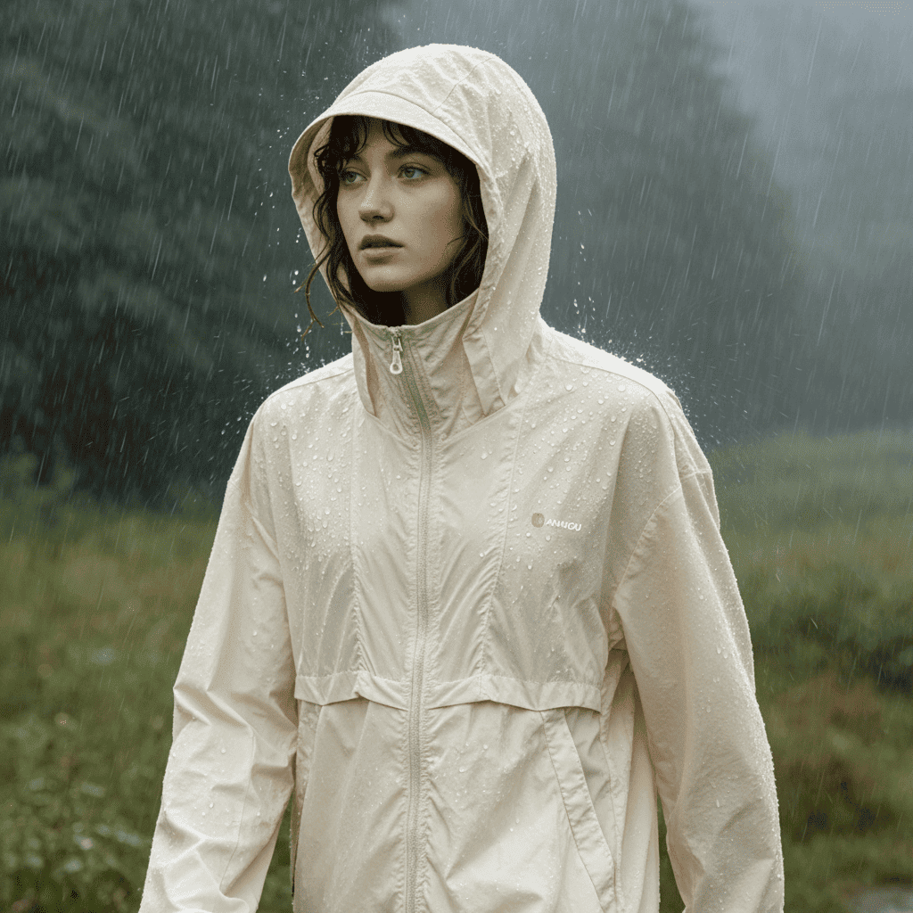 Person wearing a beige raincoat in a rainy outdoor setting