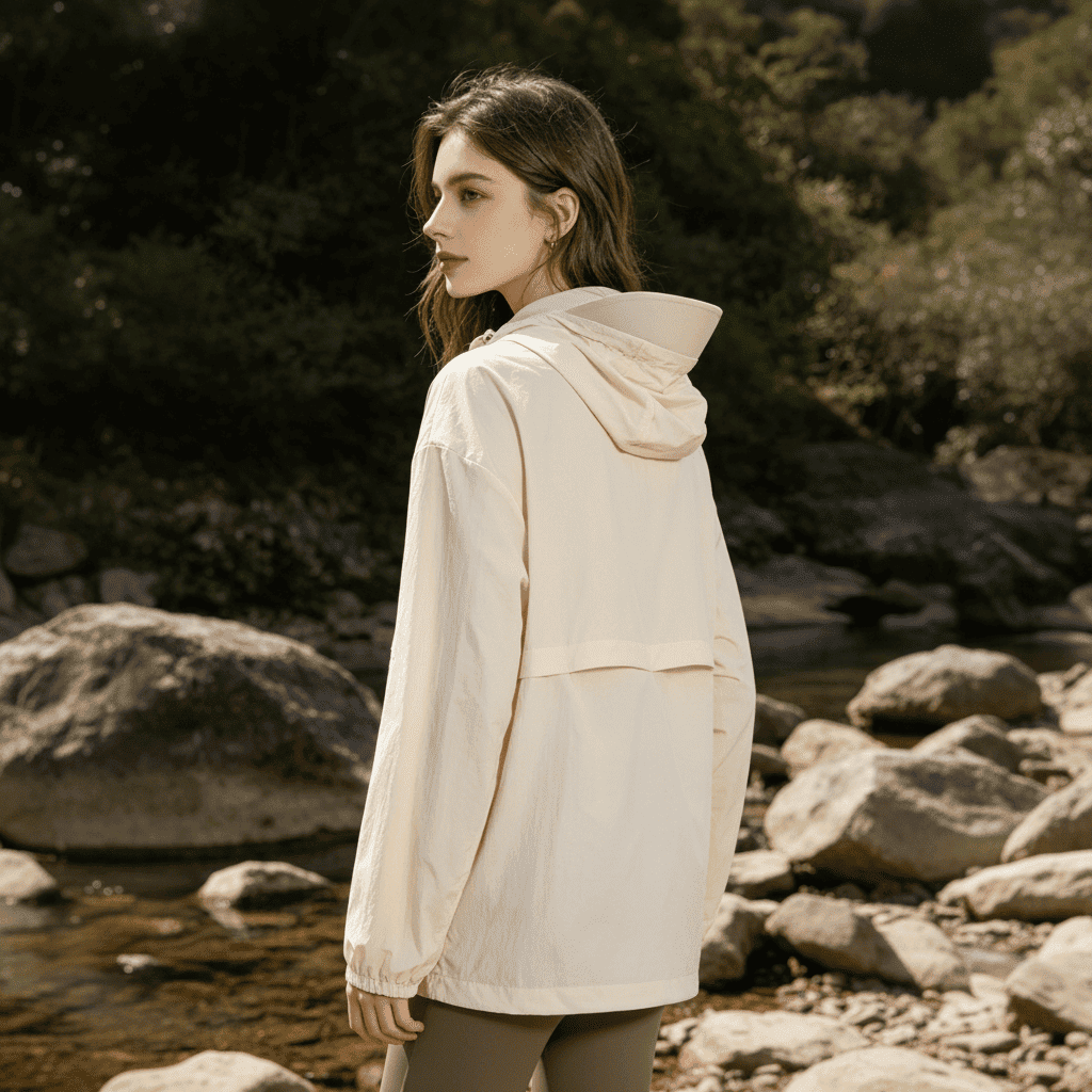 Woman wearing a beige jacket standing by a river with rocks and greenery.