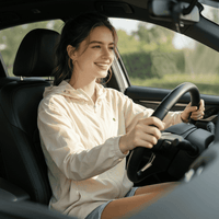 Woman driving a car wearing a beige jacket