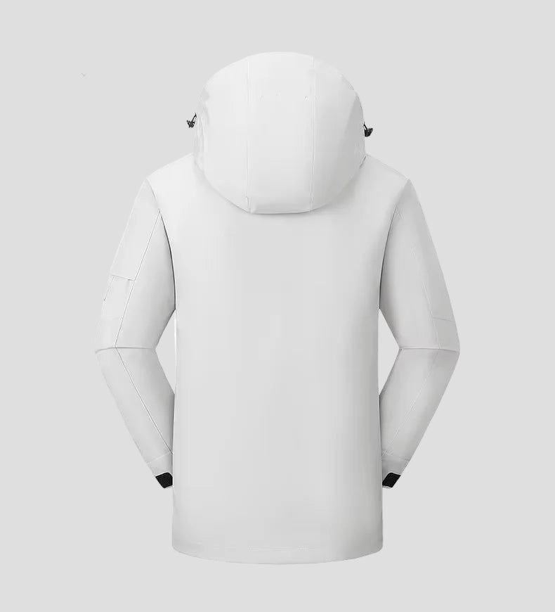 Light gray heated hooded jacket on a white background