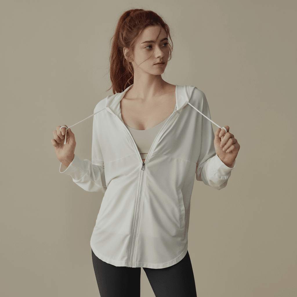 Women White Hooded Yoga Sun Protection Jacket