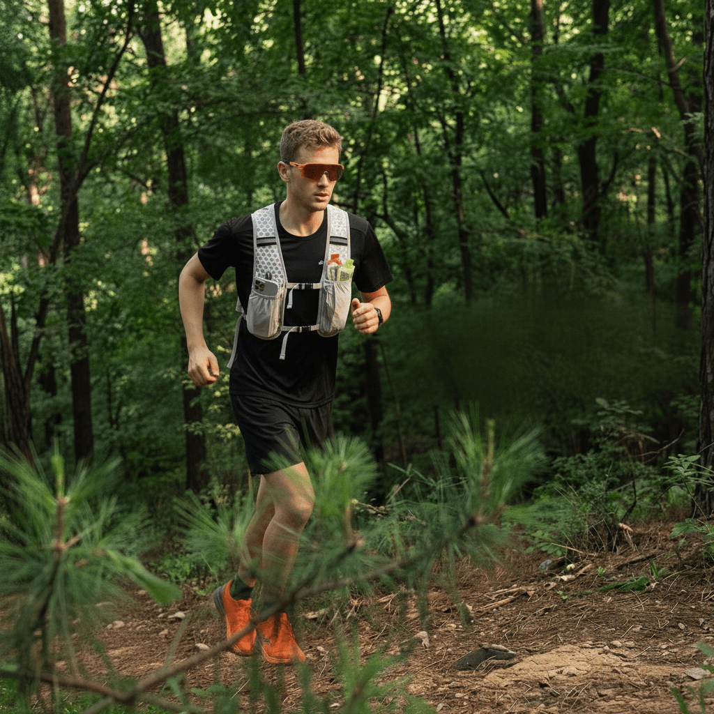 A man is carrying a sports water bottle, with a forest in the background.